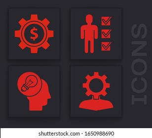 Set Human with gear inside, Gear with dollar symbol, User of man in business suit and Human head with lamp bulb icon. Vector