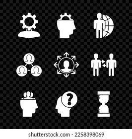 Set Human with gear inside, Globe and people, Project team base, head question mark, Old hourglass flowing sand,  and  icon. Vector