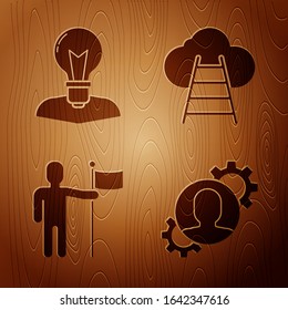 Set Human with gear inside, Human head with lamp bulb, Man holding flag and Ladder leading to cloud on wooden background. Vector