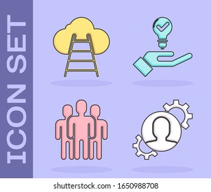 Set Human with gear inside, Ladder leading to cloud, Users group and Light bulb in hand icon. Vector
