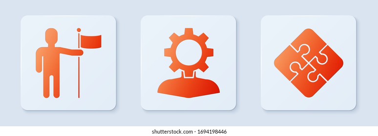 Set Human with gear inside, Man holding flag and Piece of puzzle. White square button. Vector