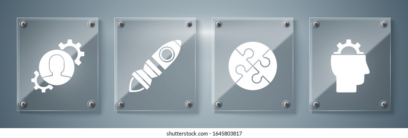 Set Human with gear inside, Piece of puzzle, Rocket ship with fire and Human with gear inside. Square glass panels. Vector