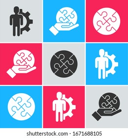 Set Human with gear inside, Piece of puzzle in hand and Piece of puzzle icon. Vector