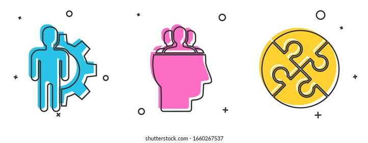 Set Human mit Ausrüstung innen, Projekt-Team-Base und Piece of Puzzle Symbol. Vektorillustration