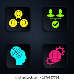 Set Human with gear inside, Project team base, Human head puzzles strategy and Project team base. Black square button. Vector