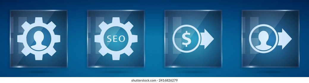 Set Human with gear inside, Seo tag with gear wheel, Coin money with dollar and Job promotion. Square glass panels. Vector