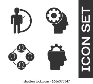 Set Human with gear inside, Time Management, Project team base and Human head with gear inside icon. Vector