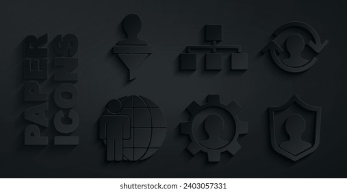 Establecer humano con equipo, recursos, caza de cabezas, protección de usuarios, organigrama de jerarquía e icono. Vector