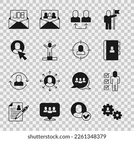 Set Human with gear, Resume, Exchange work, Productive human, Worker, Search job and Head hunting icon. Vector