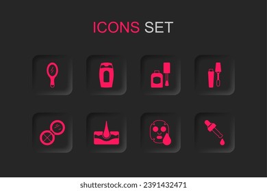 Set Human hair follicle, Bottle of shampoo, Hand mirror, Facial cosmetic mask, Mascara brush, Pipette with oil, nail polish and Makeup powder icon. Vector