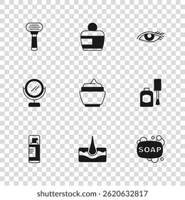Set Human hair follicle, Bottle of nail polish, Bar soap, Cream or lotion cosmetic tube, Woman eye, Shaving razor,  and Round makeup mirror icon. Vector