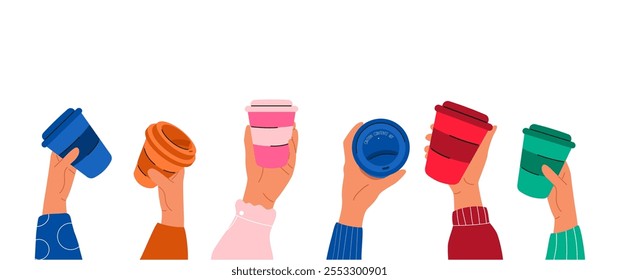 Set of human hand with colorful bright paper coffee takeaway cups. Beverages and drinks concept.