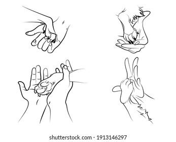 Set of human hand and dog paw. Collections of the hands of a man holding a give paws. Love for animals. Vector illustration of a manifestation of care for the pet.