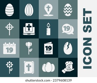 Set Human hand and easter cake, Broken egg, Speech bubble with happy, Map pointer christian cross, Cross on the laptop screen, Christian, Easter and Burning candle icon. Vector