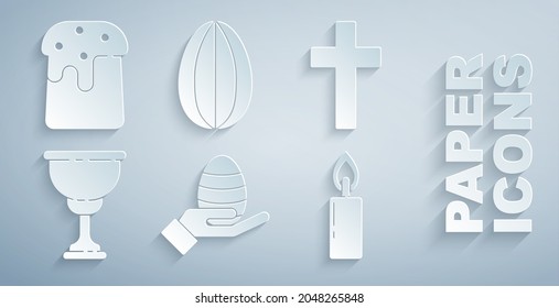 Set Human hand and easter egg, Christian cross, chalice, Burning candle, Easter and cake icon. Vector