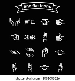 Set of human hand gestures outline black and white vector icon.