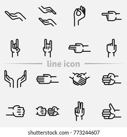 Set of human hand gestures outline vector icon.
