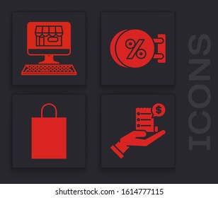 Set Human hand holding with blank receipt or bill for payment, Shopping building on screen computer, Signboard hanging with an inscription discount percent and Paper shopping bag icon. Vector