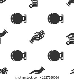 Set Human hand holding with blank receipt or bill for payment, Human hand holding with credit card and Signboard hanging on seamless pattern. Vector