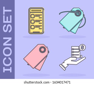 Set Human hand holding with blank receipt or bill for payment, Online shopping on mobile phone, Blank label template price tag and Blank label template price tag icon. Vector