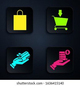Set Human hand holding with blank receipt or bill for payment, Paper shopping bag, Human hand holding with credit card and Add to Shopping cart. Black square button. Vector