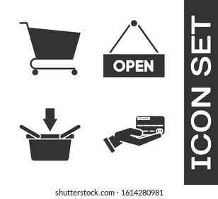 Set Human hand holding with credit card, Shopping cart, Shopping basket and Hanging sign with text Open door icon. Vector
