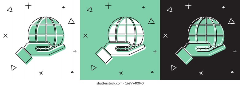 Set Human hand holding Earth globe icon isolated on white and green, black background. Save earth concept.  Vector Illustration