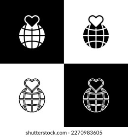 Set Human hand holding Earth globe icon isolated on black and white background. Save earth concept.  Vector