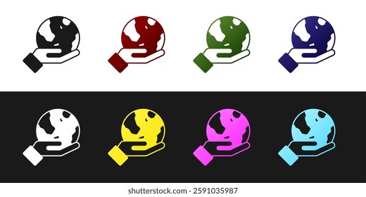 Set Human hand holding Earth globe icon isolated on black and white background. Save earth concept.  Vector