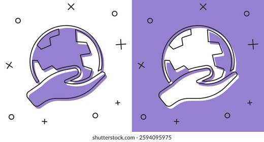 Set Human hand holding Earth globe icon isolated on white and purple background. Save earth concept.  Vector