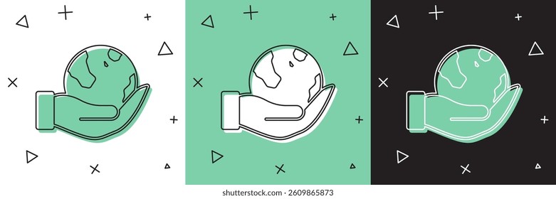 Set Human hand holding Earth globe icon isolated on white and green, black background. Save earth concept.  Vector