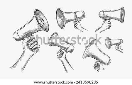 Set of Human hand holding loudspeaker. Vector hand drawn sketch illustration. Megaphone doodle icon, isolated on white background. Advertisement, marketing, referral program concept