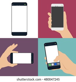 Set of human hand holding a smart phone , a blank white screen . Sleek design concept
