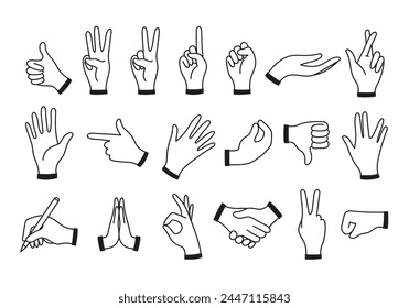 Set of human hand, palm, wrist gestures. Holding, gripping, pointing, fist, thumbs up. Vector doodle illustration isolated on white