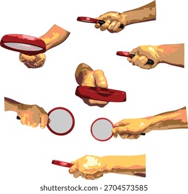 Set of human hand palms holding magnifying glass plastic handle in different positions and view angles isolated on white vector illustration