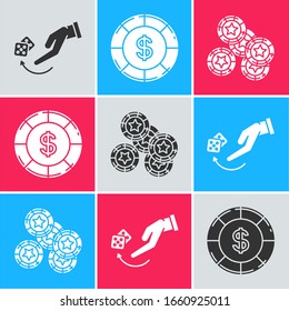 Set Human hand throwing game dice, Casino chip with dollar symbol and Casino chips icon. Vector