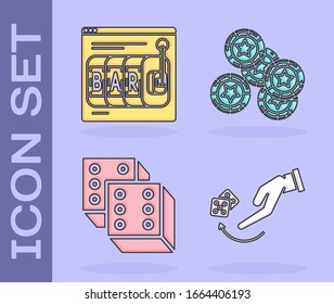 Set Human hand throwing game dice, Online slot machine, Game dice and Casino chips icon. Vector