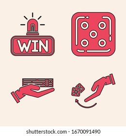 Set Human hand throwing game dice, Casino win, Game dice and Hand holding deck of playing cards icon. Vector