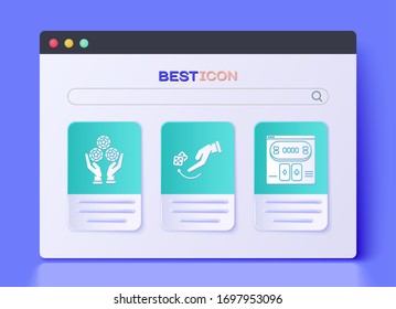 Set Human hand throwing game dice, Hand holding casino chips and Online poker table game icon. Vector