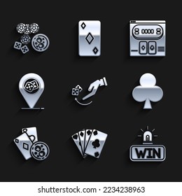 Set Human hand throwing game dice, Playing cards, Casino, with clubs symbol, glass of whiskey cubes, location, Online poker table and chips, icon. Vector