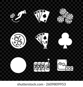 Set Human hand throwing game dice, Playing cards, Casino chips, roulette wheel, Slot machine with lucky sevens jackpot, Game glass of whiskey cubes, Glass and Hand holding playing icon. Vector