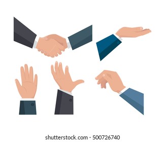 Set of human hand vector in flat style design. Businessman hands in different positions. Human gesture illustration for business presentation concepts, infographic. Isolated on white background.