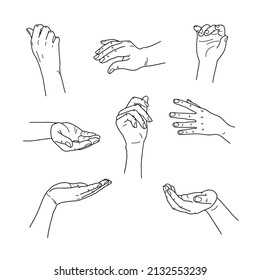 Set of human hands. Black outline of hands in different positions on a white background. Pointing hands, the language of communication with gestures, the designation of gestures with palms. Vector.