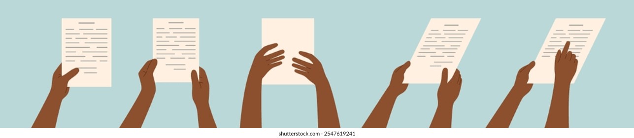 Set of human hands of black skin tone holding a sheets of paper. Clipart in flat style.