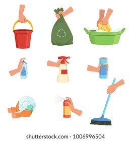 Set of human hands and cleaning supplies. Bucket, garbage bag, sponge for dishwashing, detergent, plastic basin, air freshener, liquid soap, brush. Flat vector design