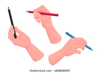 Conjunto de manos humanas con lápices de colores aislados en fondo blanco. Herramientas de escritura Suministros de Office o Instrumento de escritura o dibujo, Elementos de diseño de accesorios de diseño de artículos de escritorio. Ilustración del vector de dibujos animados