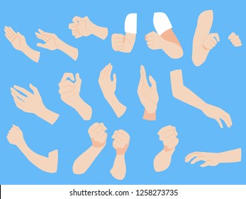 Set of human hands concept, animation, finger, arm, skin on gray background, flat style cartoon vector illustration.