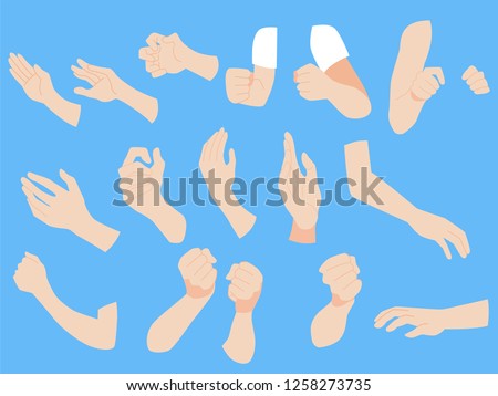 Set of human hands concept, animation, finger, arm, skin on gray background, flat style cartoon vector illustration.