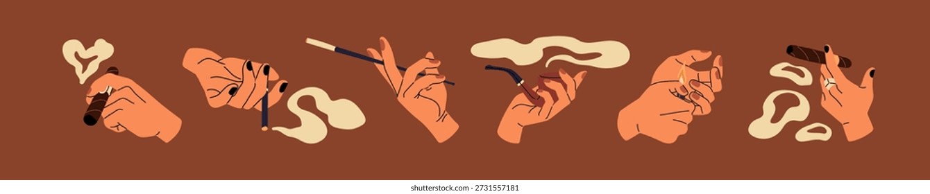 Conjunto de manos humanas con diferentes cigarrillos con nubes de humo. Las Personas están fumando cigarros, sosteniendo cigarros ardientes, quemando fuego con encendedores, sacudiendo cenizas. Ilustraciones vectoriales aisladas planas