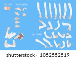 Set of human hands with different gestures collection for design, animation,Palm and finger draw icons, skin, white Long sleeved shirt, arm on blue background, flat style cartoon vector illustration.
